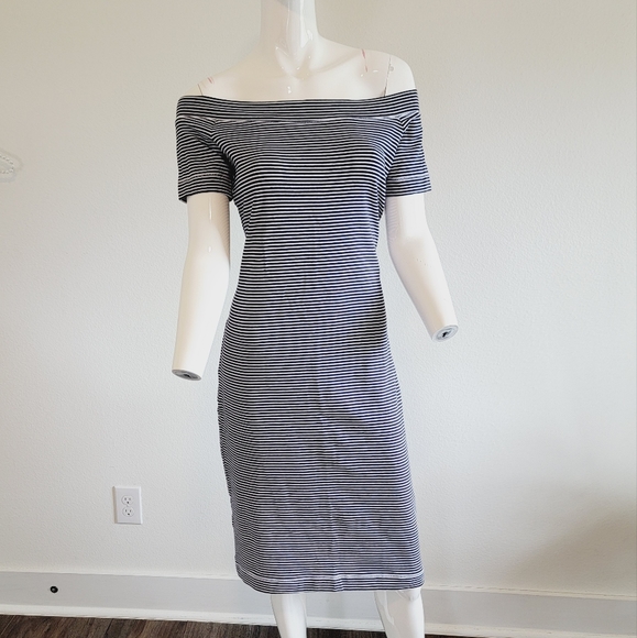 H&M Striped Off The Shoulder Bodycon Knee Length Dress Navy Blue White Sz M - Picture 2 of 8